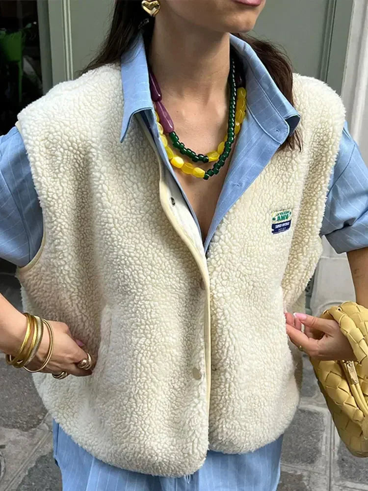 Damen Sherpa Fleece Weste mit Druckknöpfen