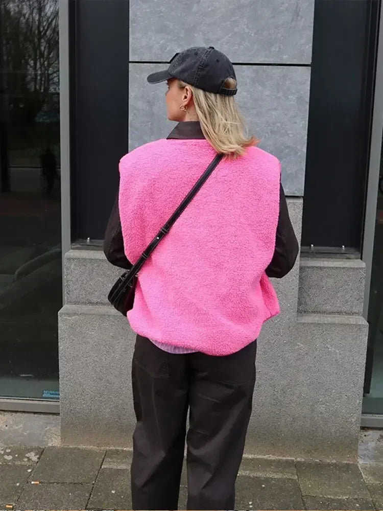 Damen Sherpa Fleece Weste mit Druckknöpfen