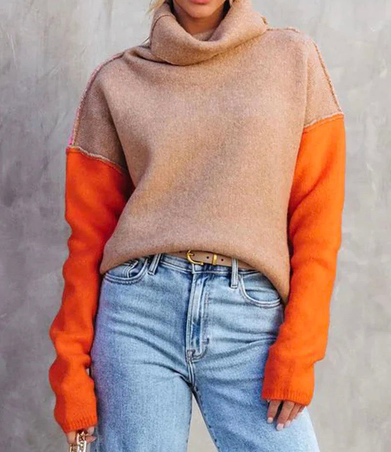 Damen Rollkragenpullover Im Farbblock Design