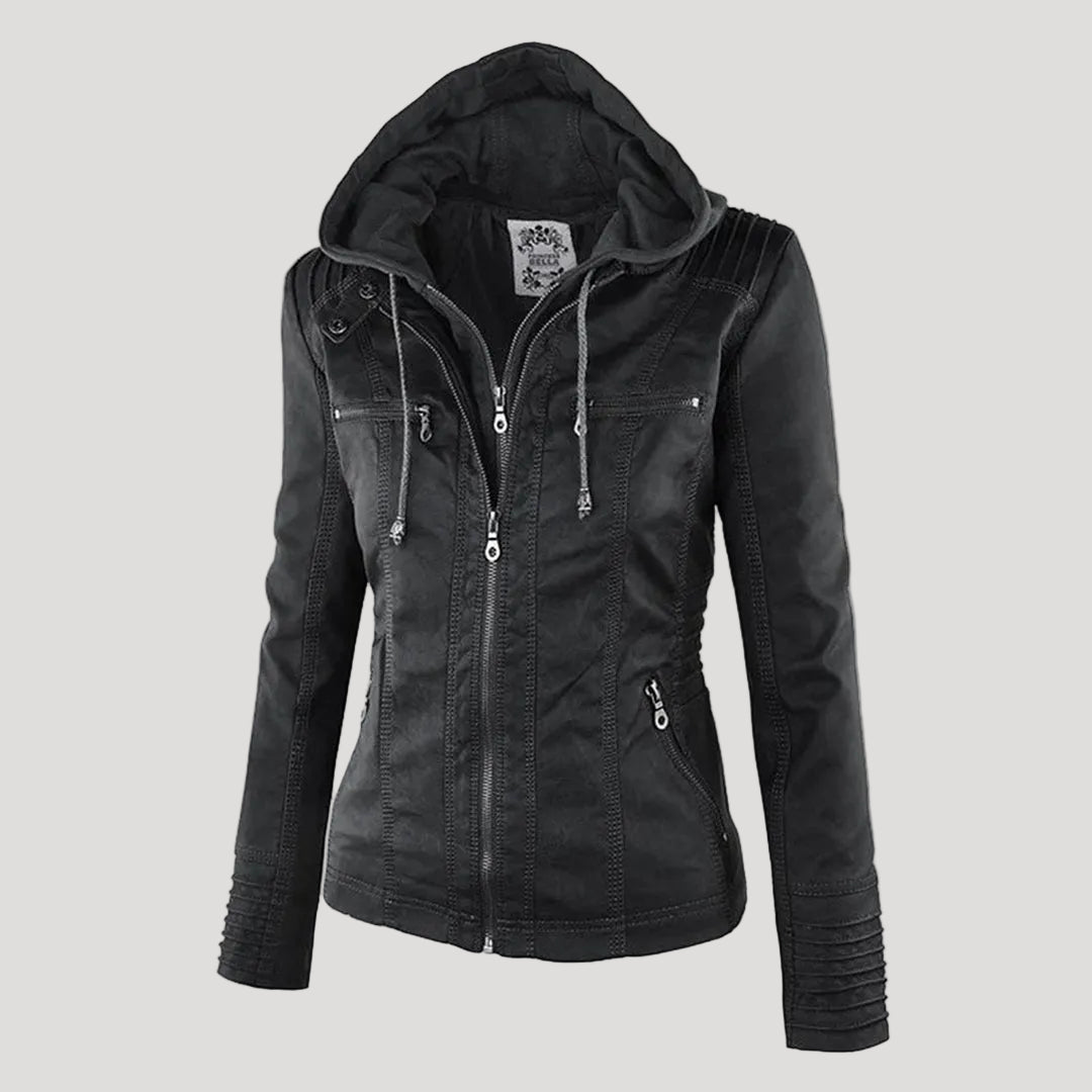 Damen Kunstlederjacke mit Abnehmbarer Kapuze