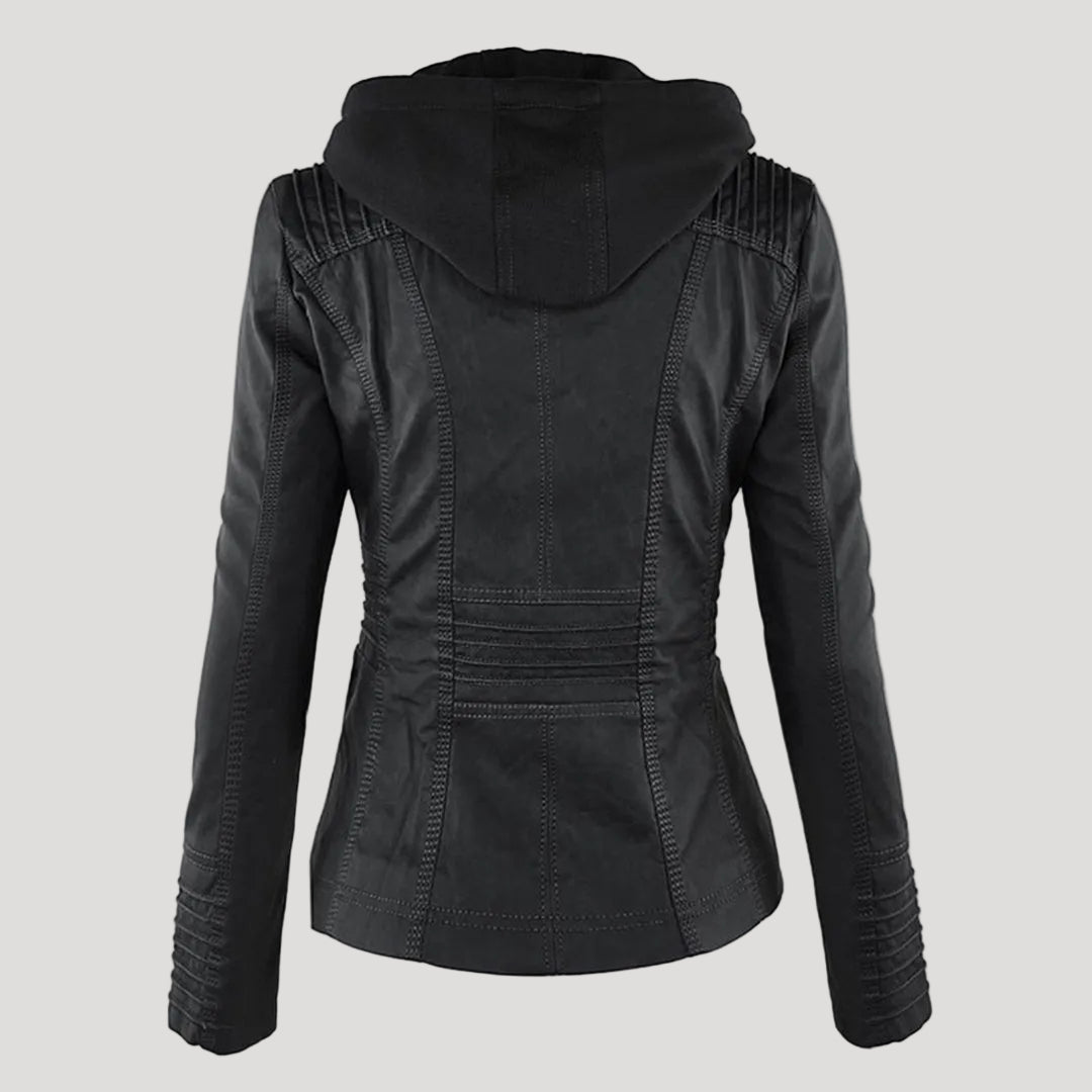 Damen Kunstlederjacke mit Abnehmbarer Kapuze