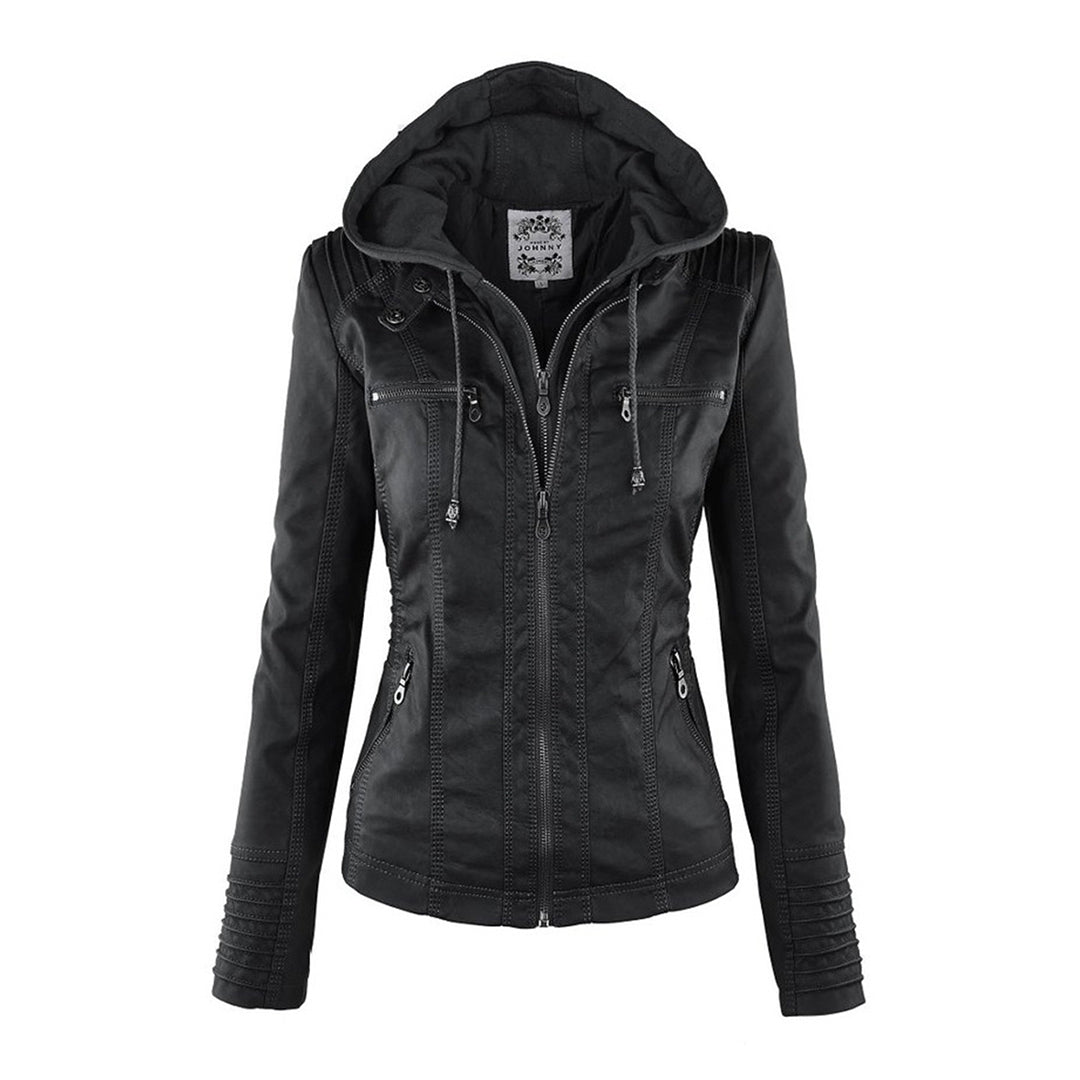 Damen Kunstlederjacke mit Abnehmbarer Kapuze