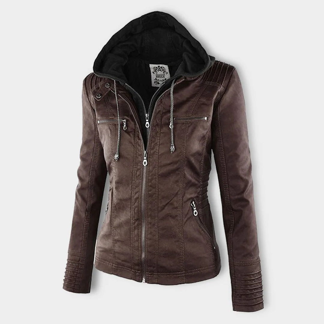 Damen Kunstlederjacke mit Abnehmbarer Kapuze