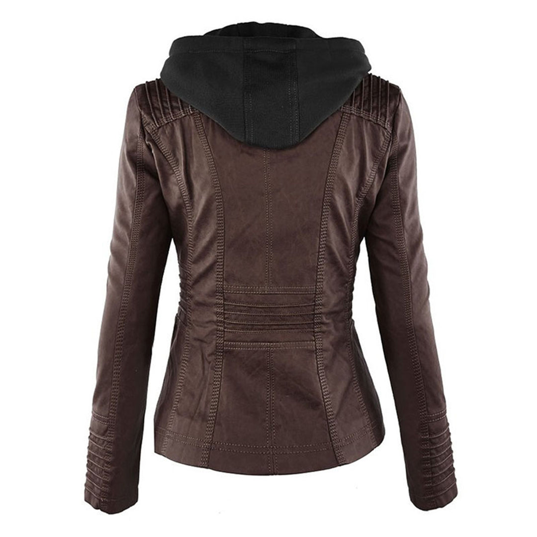 Damen Kunstlederjacke mit Abnehmbarer Kapuze