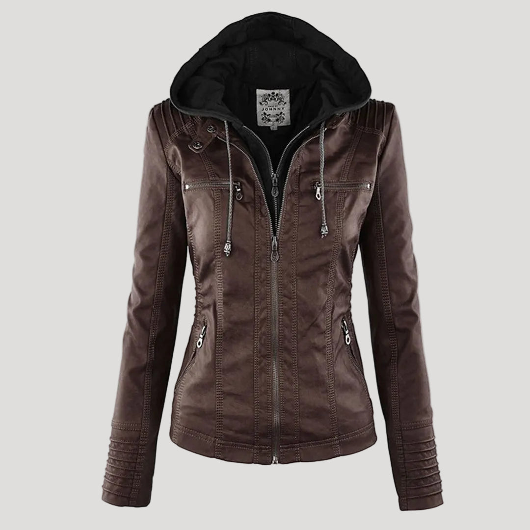 Damen Kunstlederjacke mit Abnehmbarer Kapuze