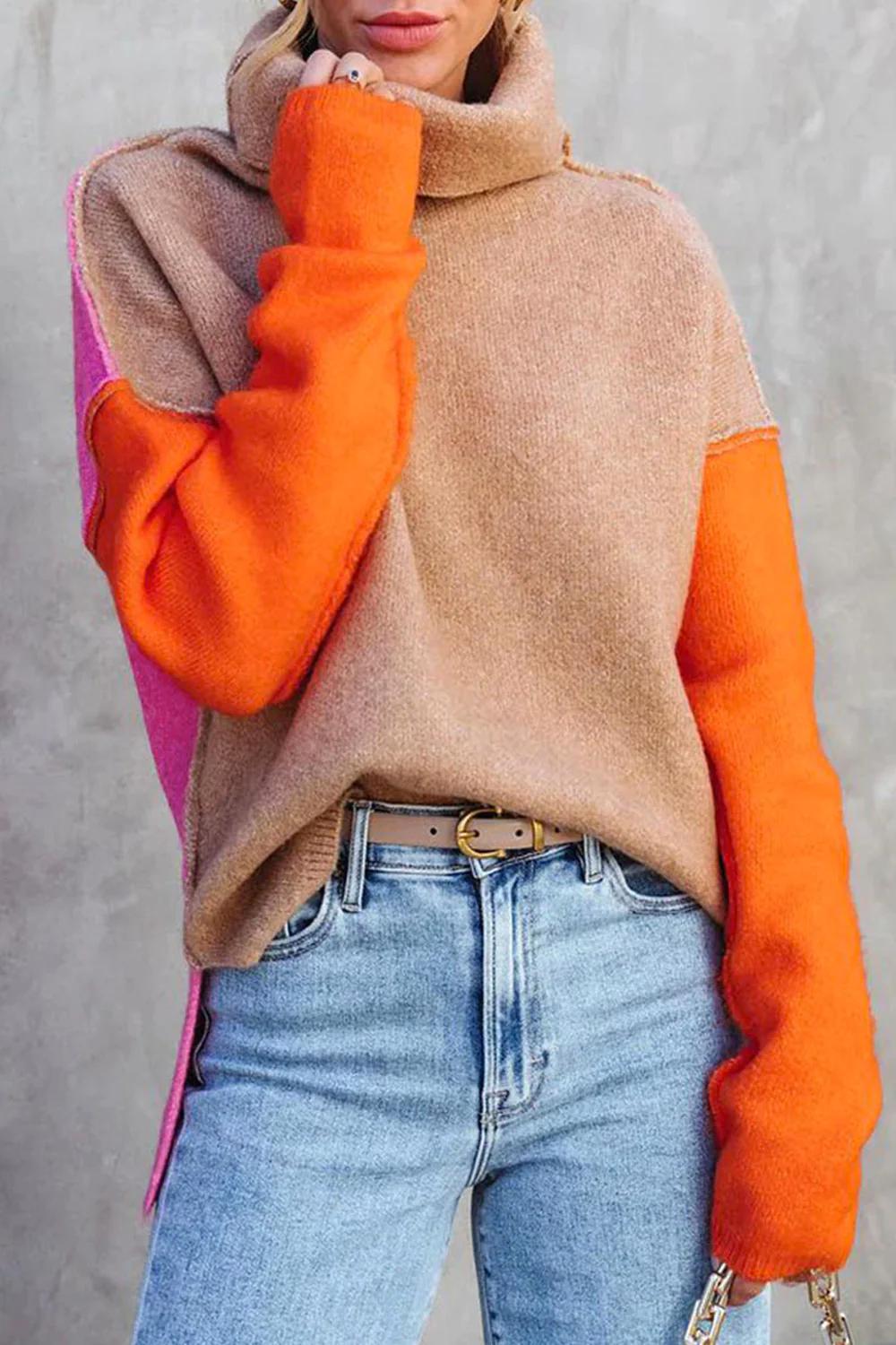 Damen Rollkragenpullover Im Farbblock Design