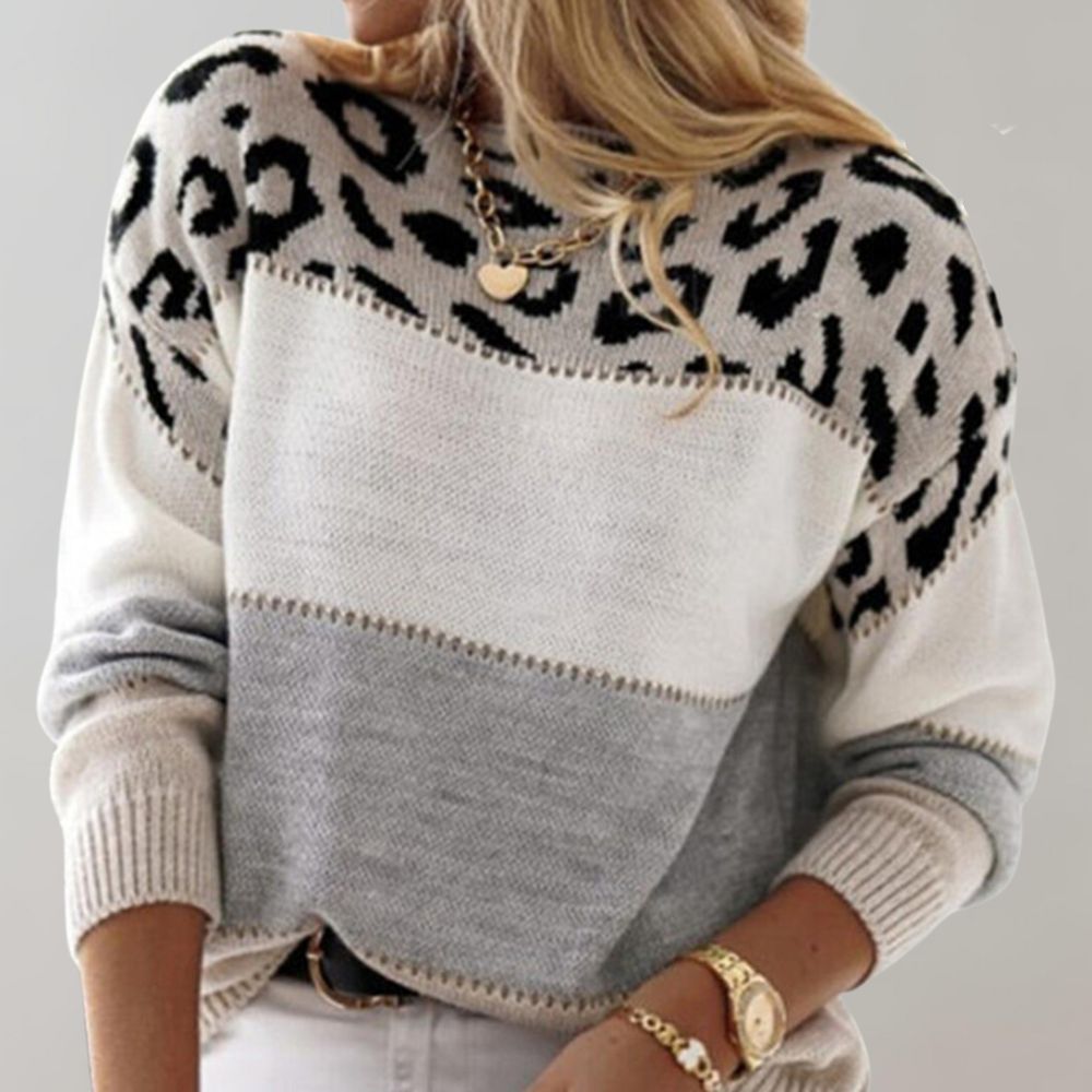 Damen Strickpullover mit Colorblock und Leopardenmuster