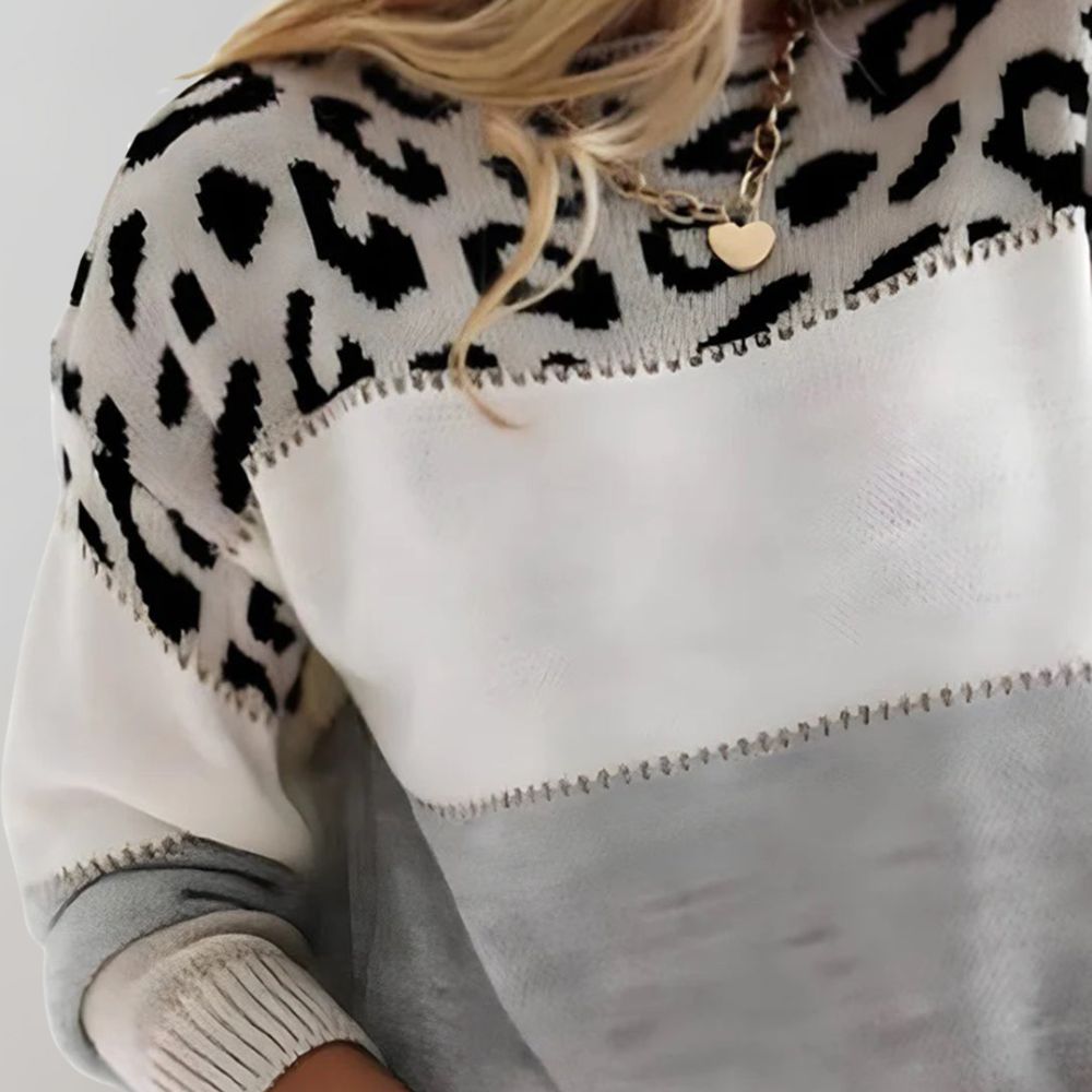Damen Strickpullover mit Colorblock und Leopardenmuster