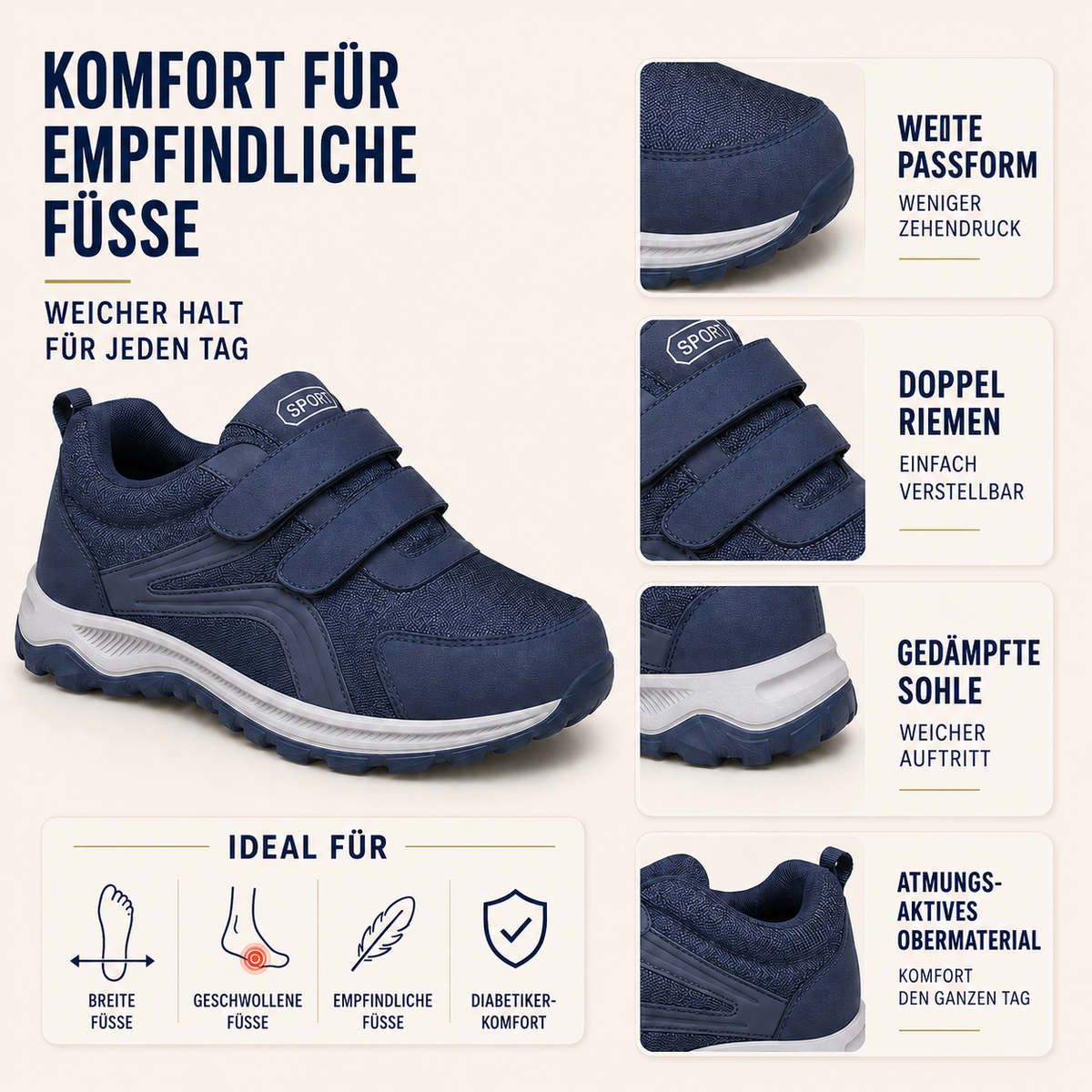 Orthopädischer Gehschuh mit Doppelklettverschluss und breiter Passform
