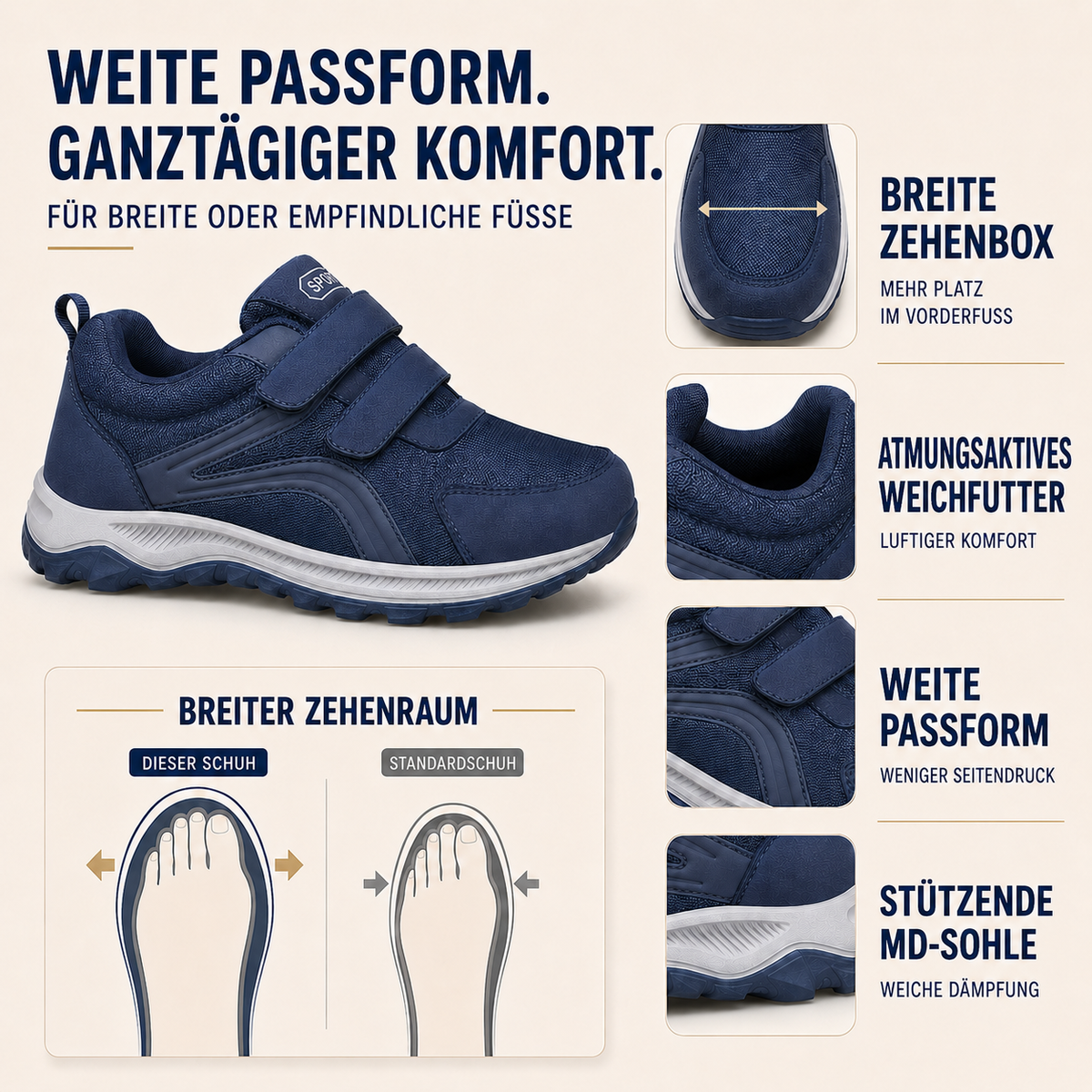 Orthopädischer Gehschuh mit Doppelklettverschluss und breiter Passform