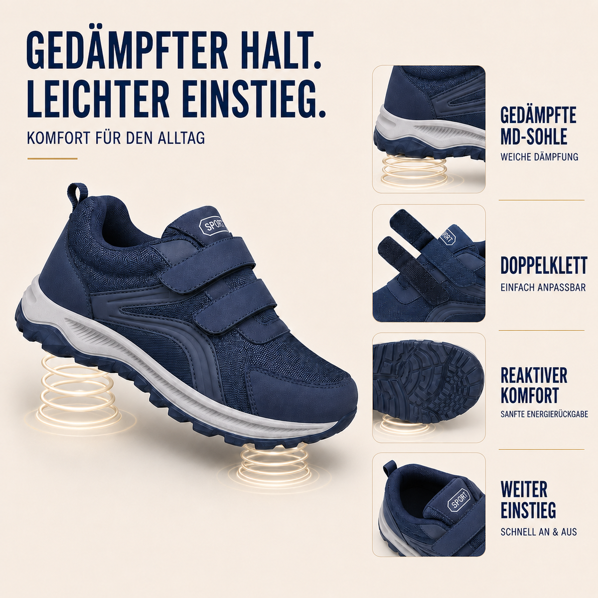 Orthopädischer Gehschuh mit Doppelklettverschluss und breiter Passform