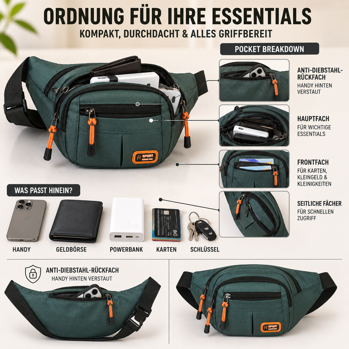 Robuste Gürteltasche mit Reissverschlussfächern für Alltag und Arbeit