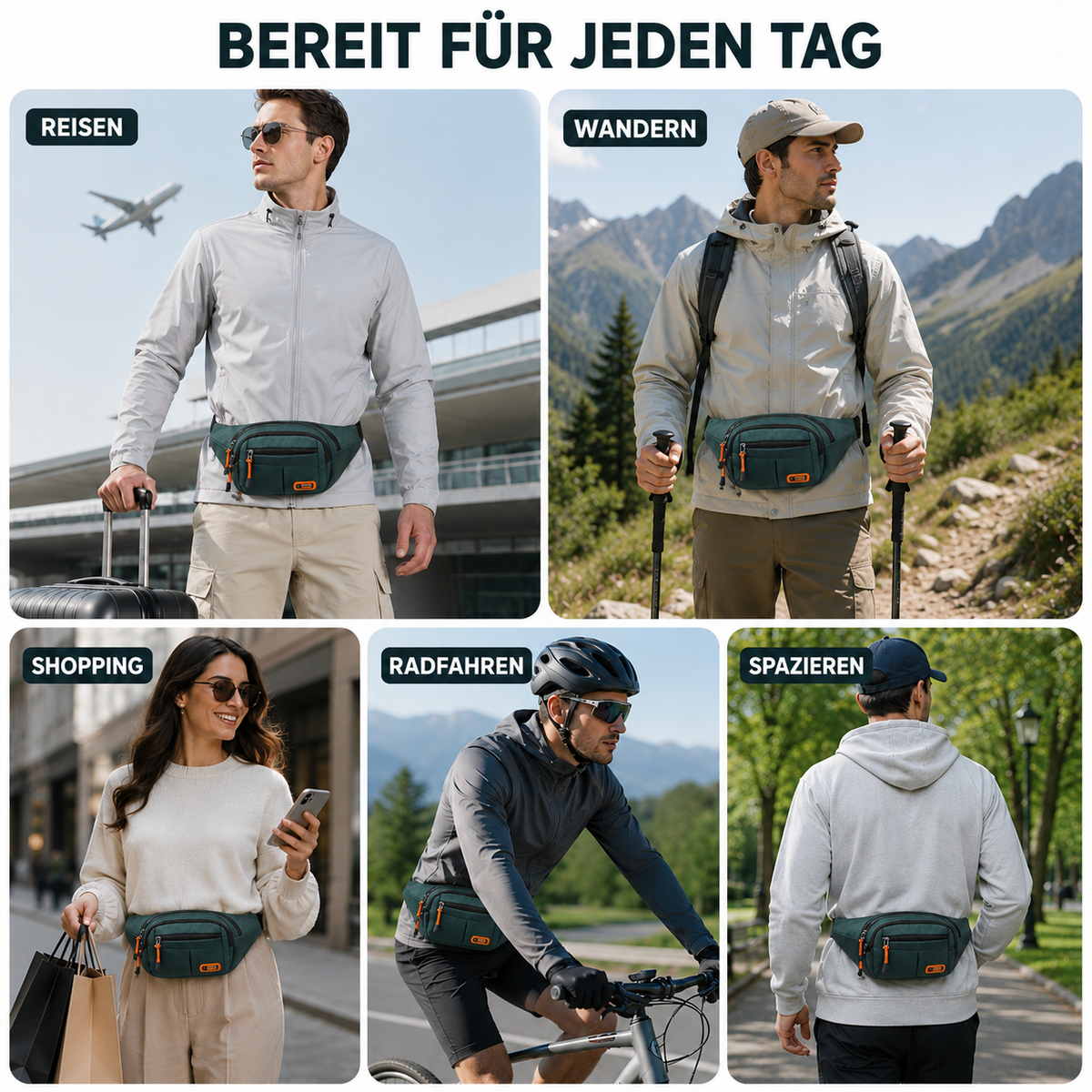 Robuste Gürteltasche mit Reissverschlussfächern für Alltag und Arbeit