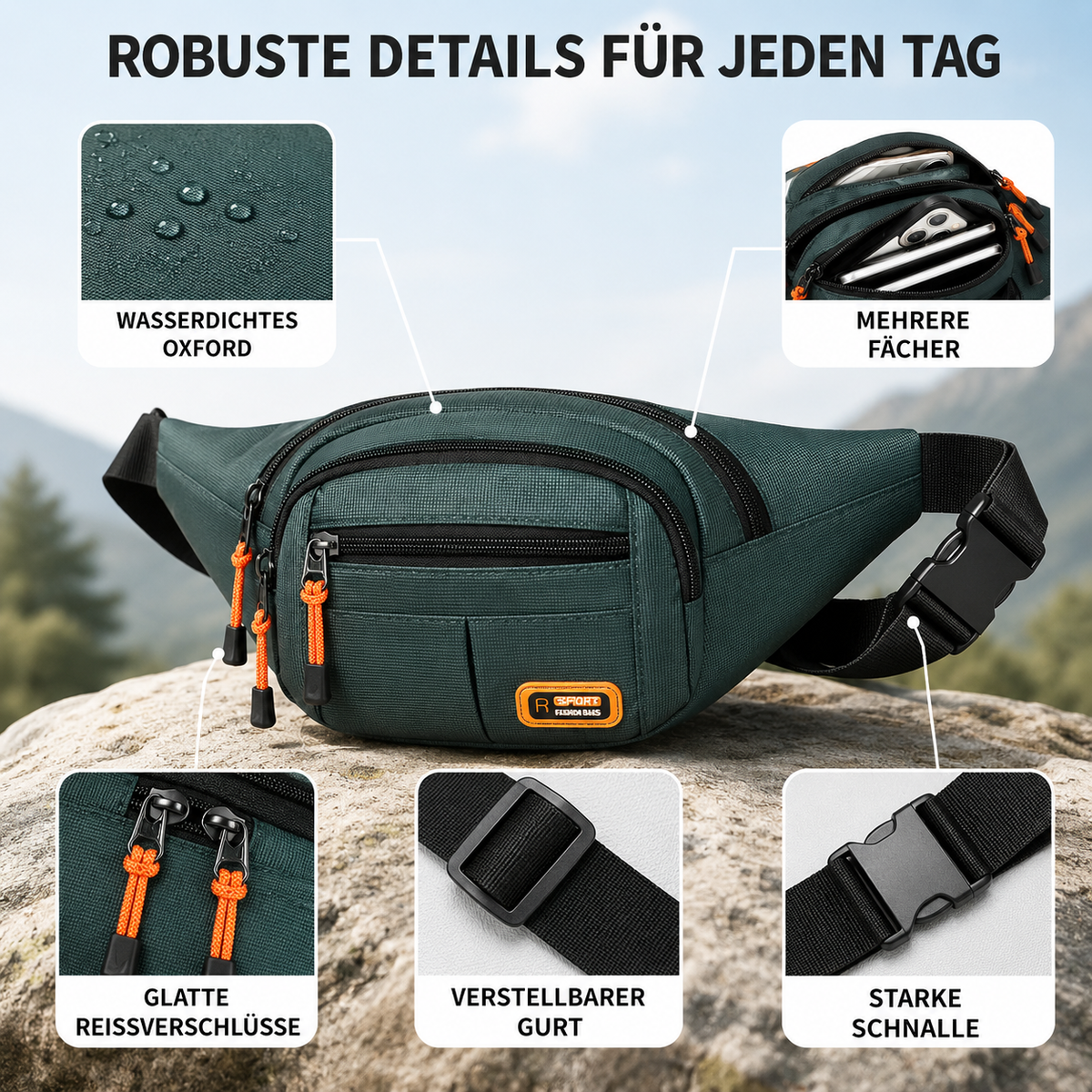 Robuste Gürteltasche mit Reissverschlussfächern für Alltag und Arbeit
