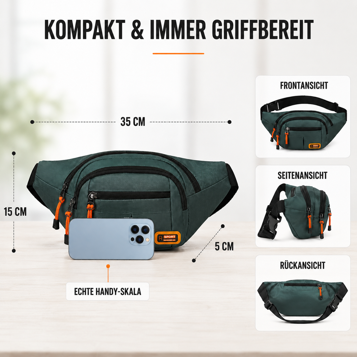 Robuste Gürteltasche mit Reissverschlussfächern für Alltag und Arbeit
