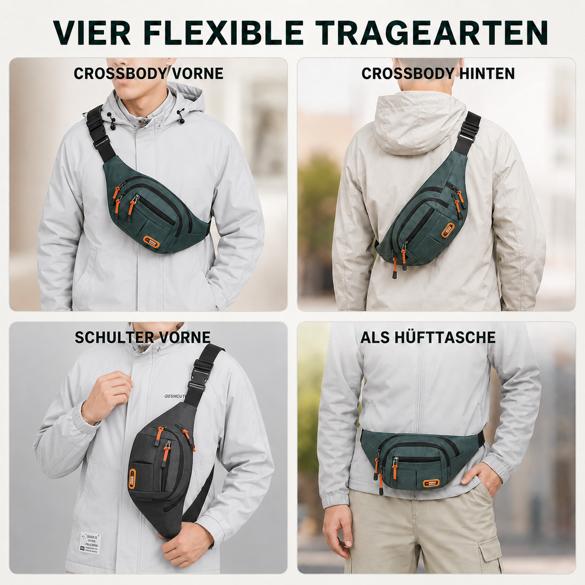 Robuste Gürteltasche mit Reissverschlussfächern für Alltag und Arbeit