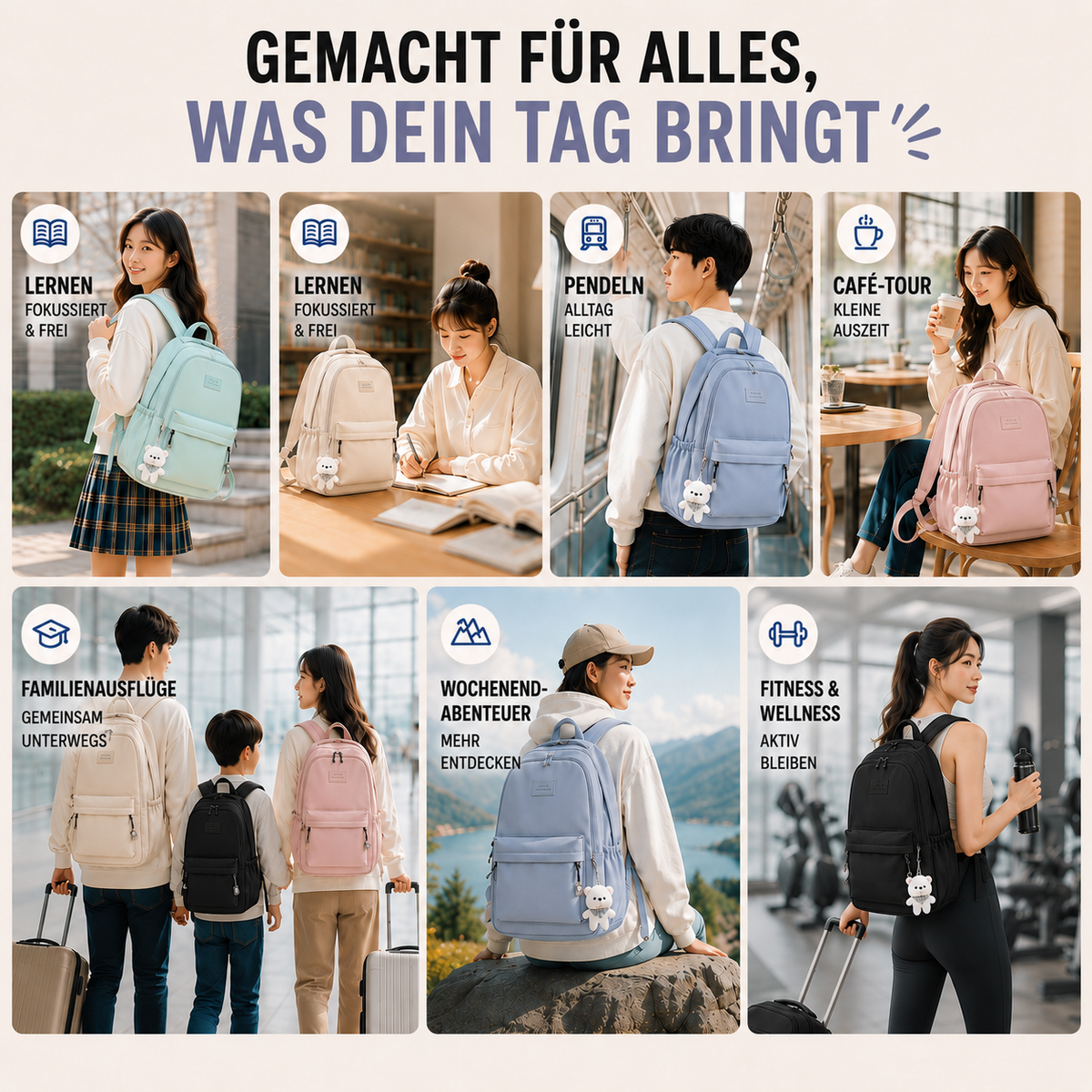 Geräumiger Nylon-Rucksack mit Laptopfach für Uni und Reisen