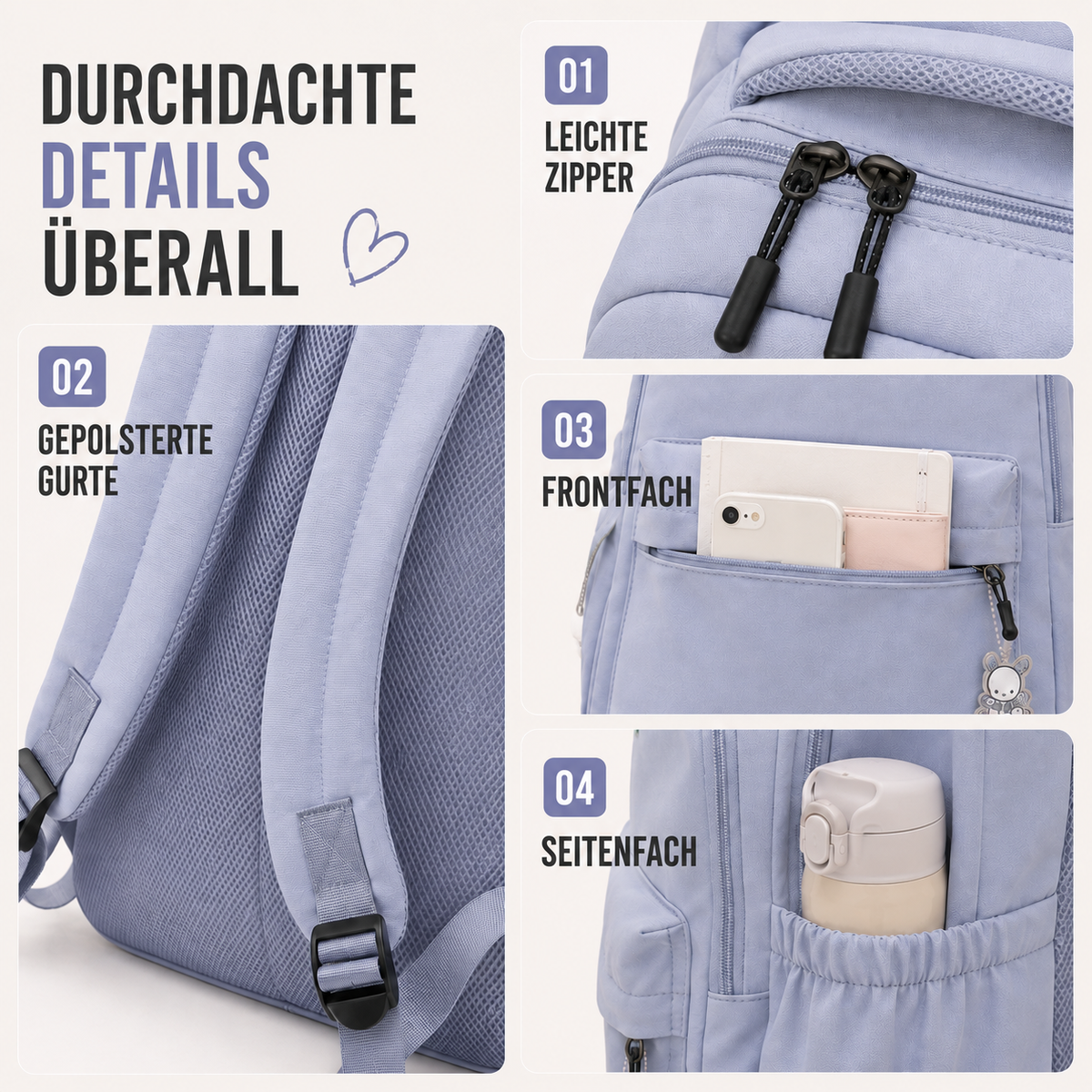 Geräumiger Nylon-Rucksack mit Laptopfach für Uni und Reisen