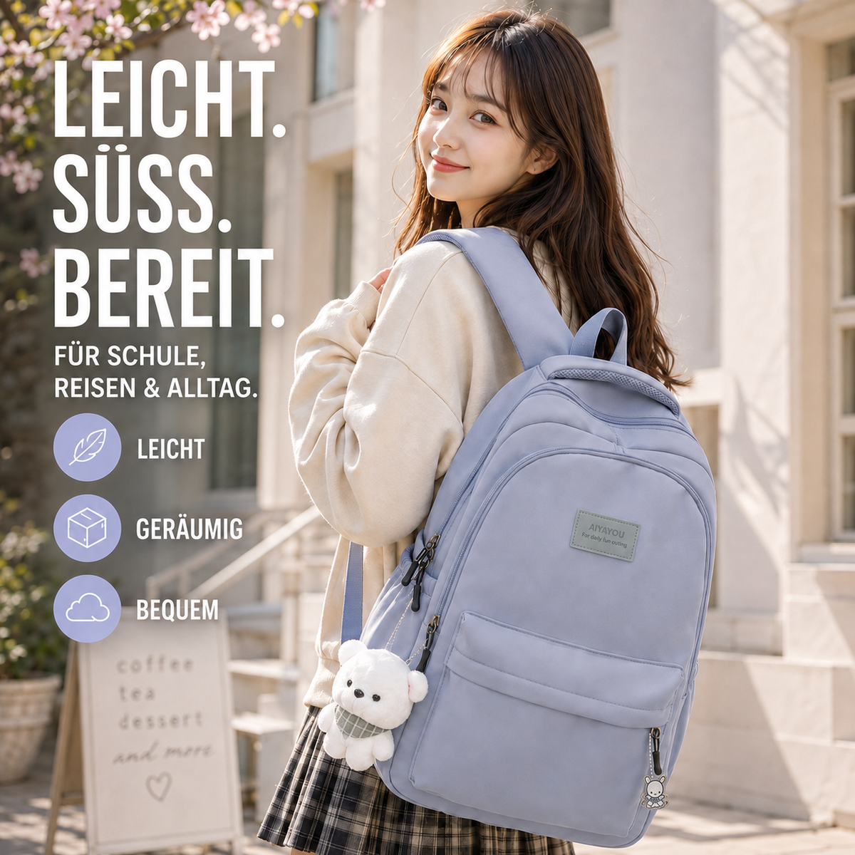 Geräumiger Nylon-Rucksack mit Laptopfach für Uni und Reisen