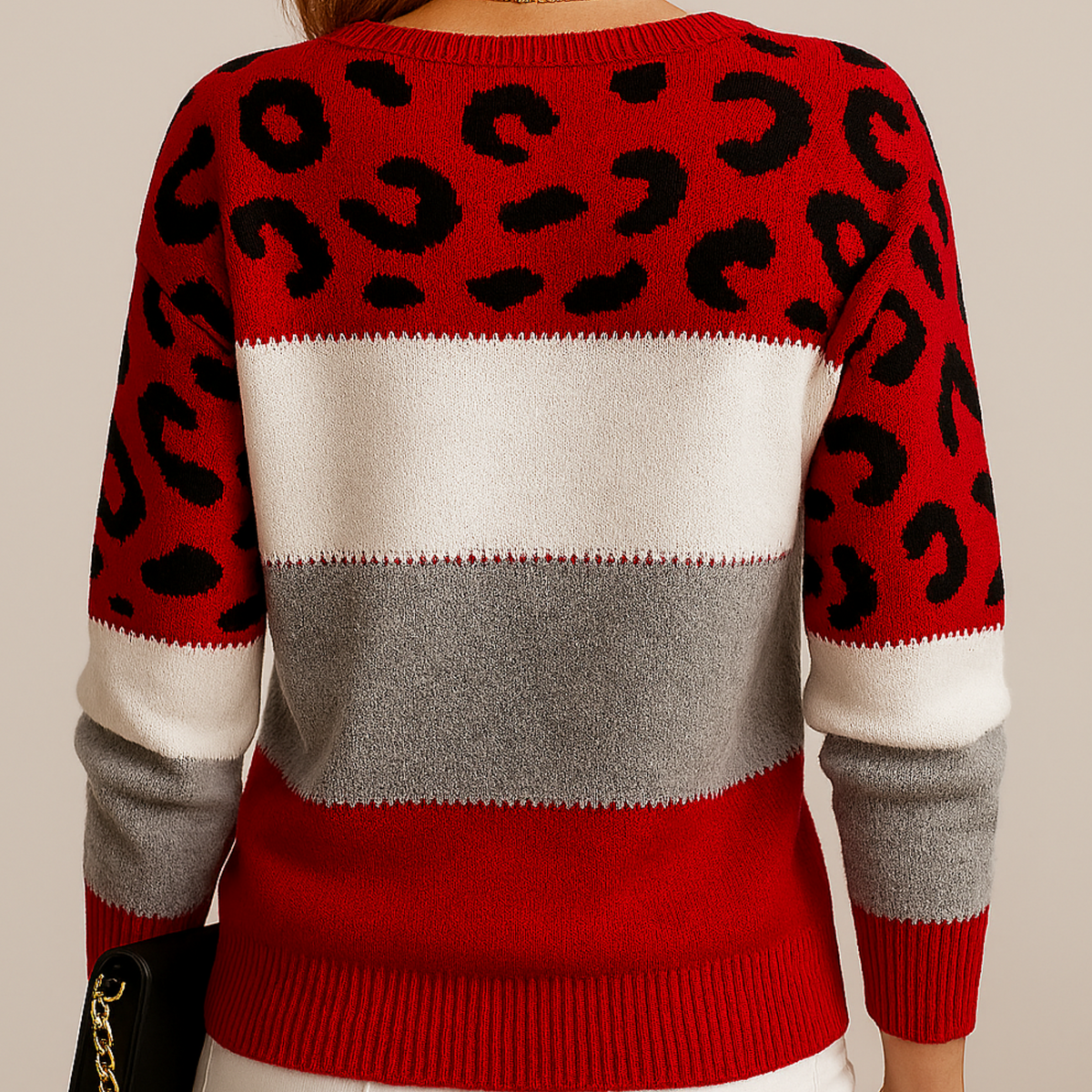 Damen Strickpullover mit Colorblock und Leopardenmuster