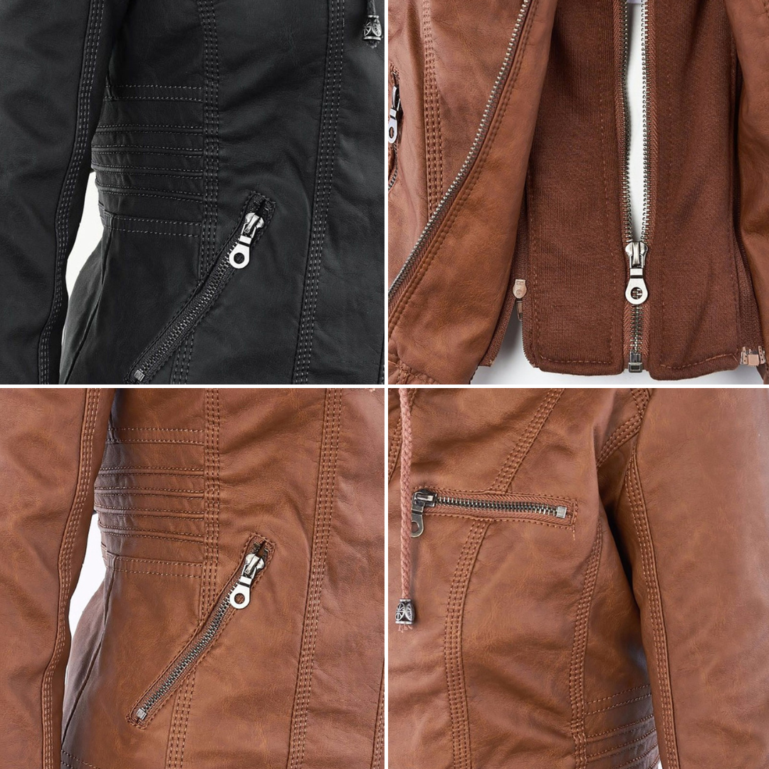 Damen Kunstlederjacke mit Abnehmbarer Kapuze