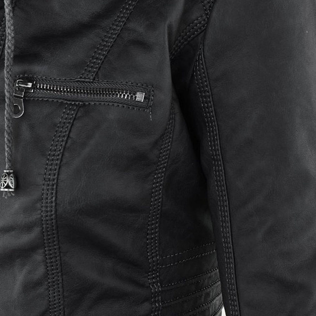 Damen Kunstlederjacke mit Abnehmbarer Kapuze