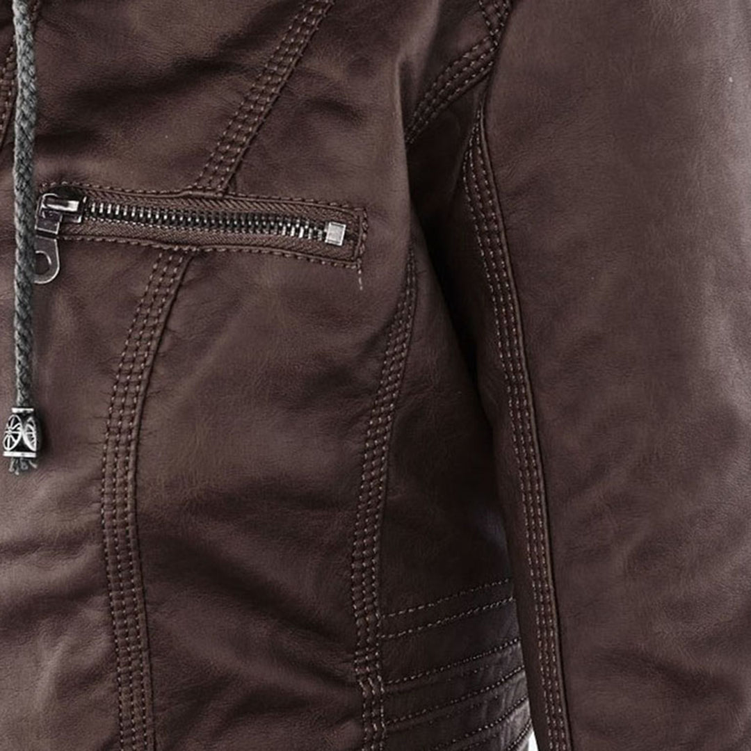 Damen Kunstlederjacke mit Abnehmbarer Kapuze