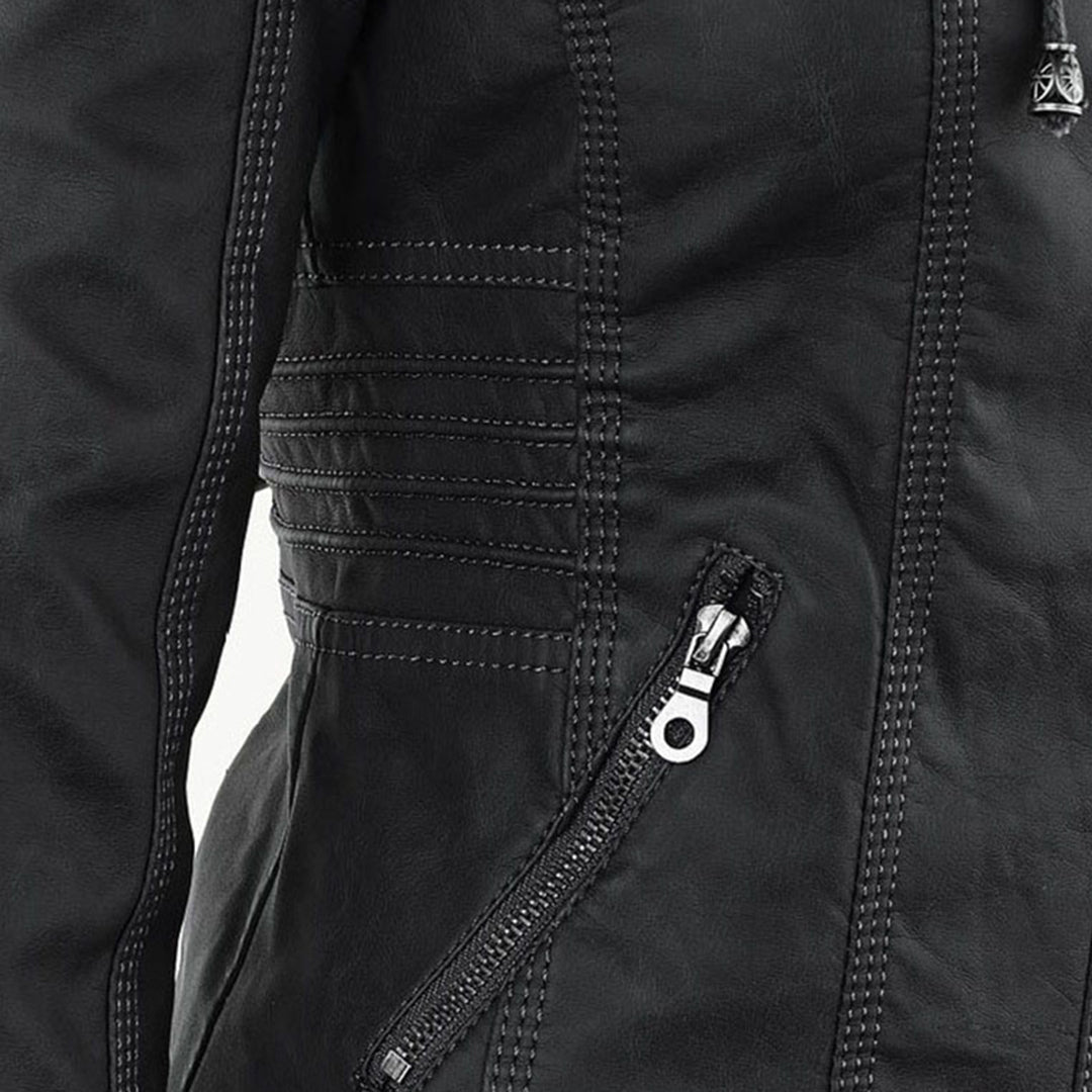 Damen Kunstlederjacke mit Abnehmbarer Kapuze