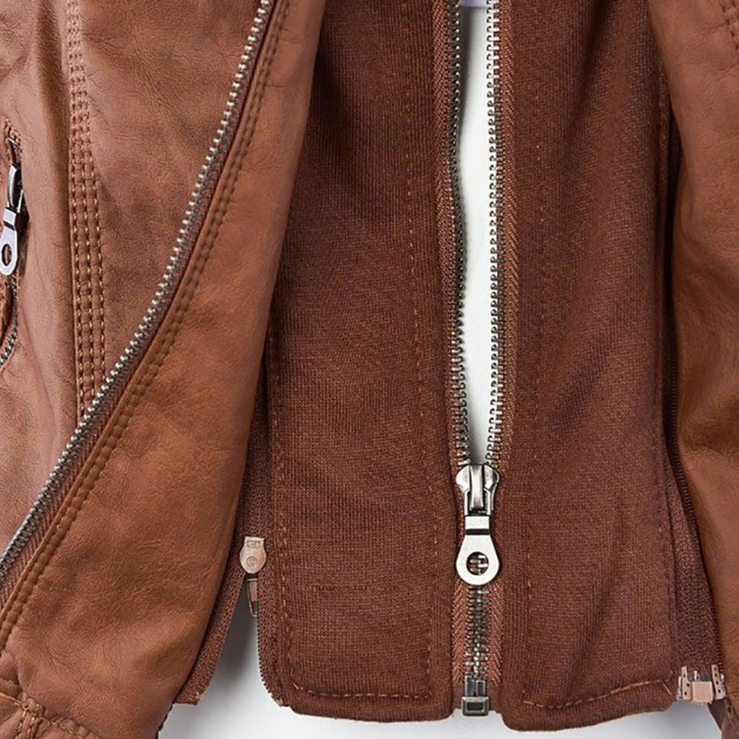 Damen Kunstlederjacke mit Abnehmbarer Kapuze