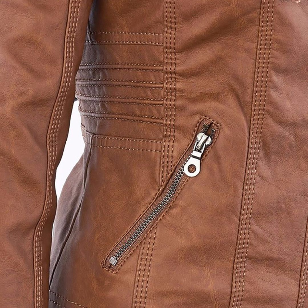Damen Kunstlederjacke mit Abnehmbarer Kapuze
