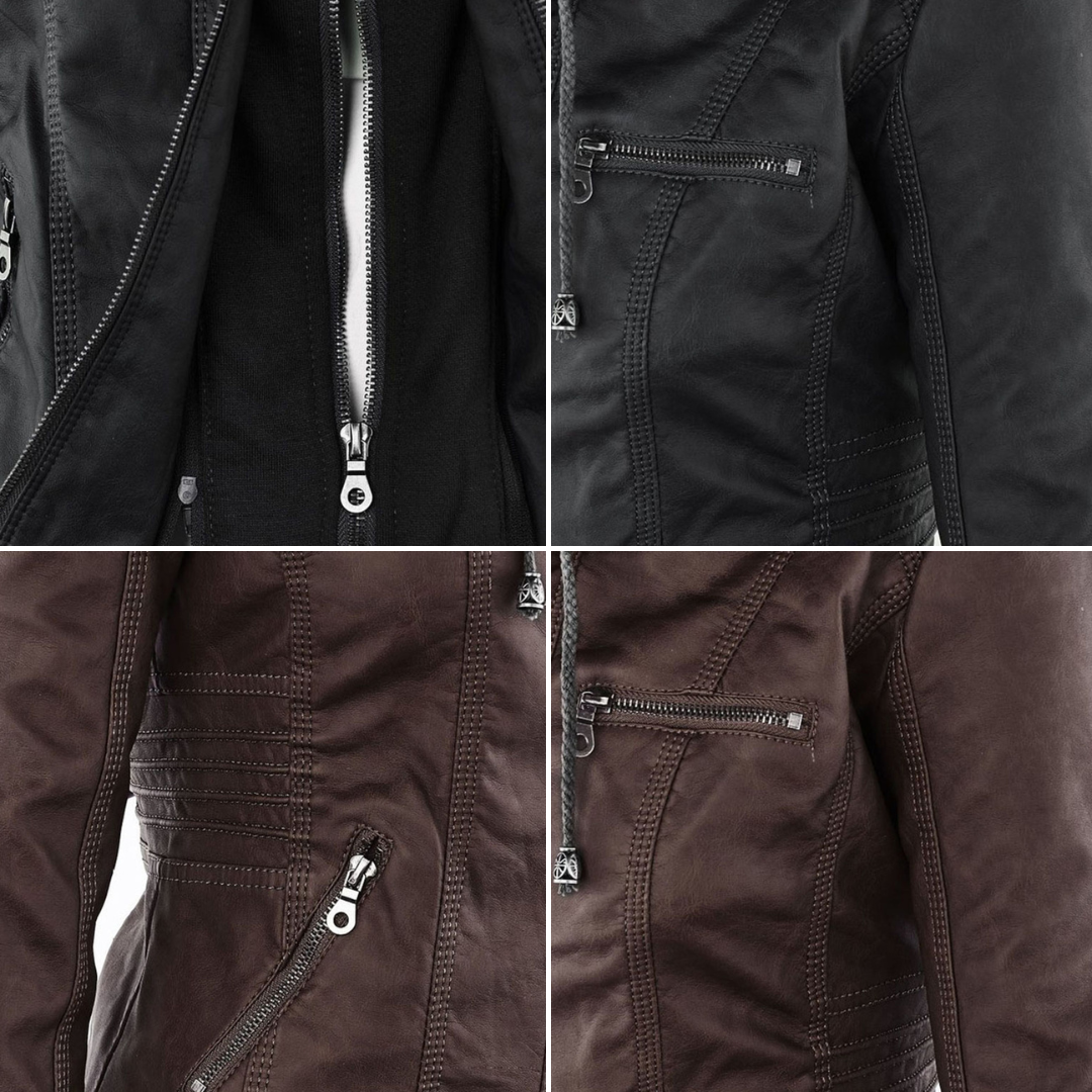 Damen Kunstlederjacke mit Abnehmbarer Kapuze