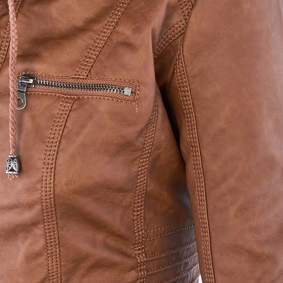 Damen Kunstlederjacke mit Abnehmbarer Kapuze