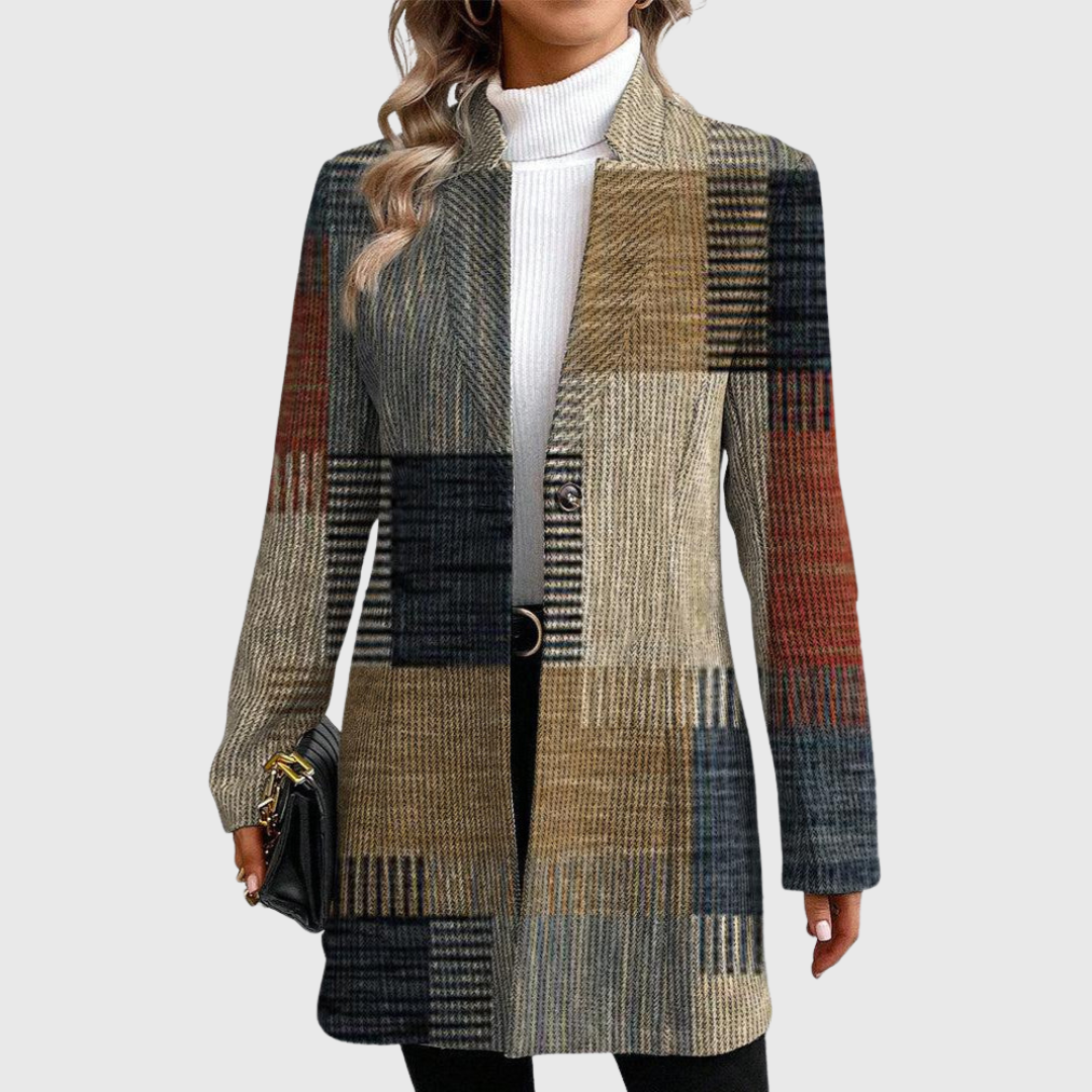 Langer Damenblazer mit Patchwork-Karomuster