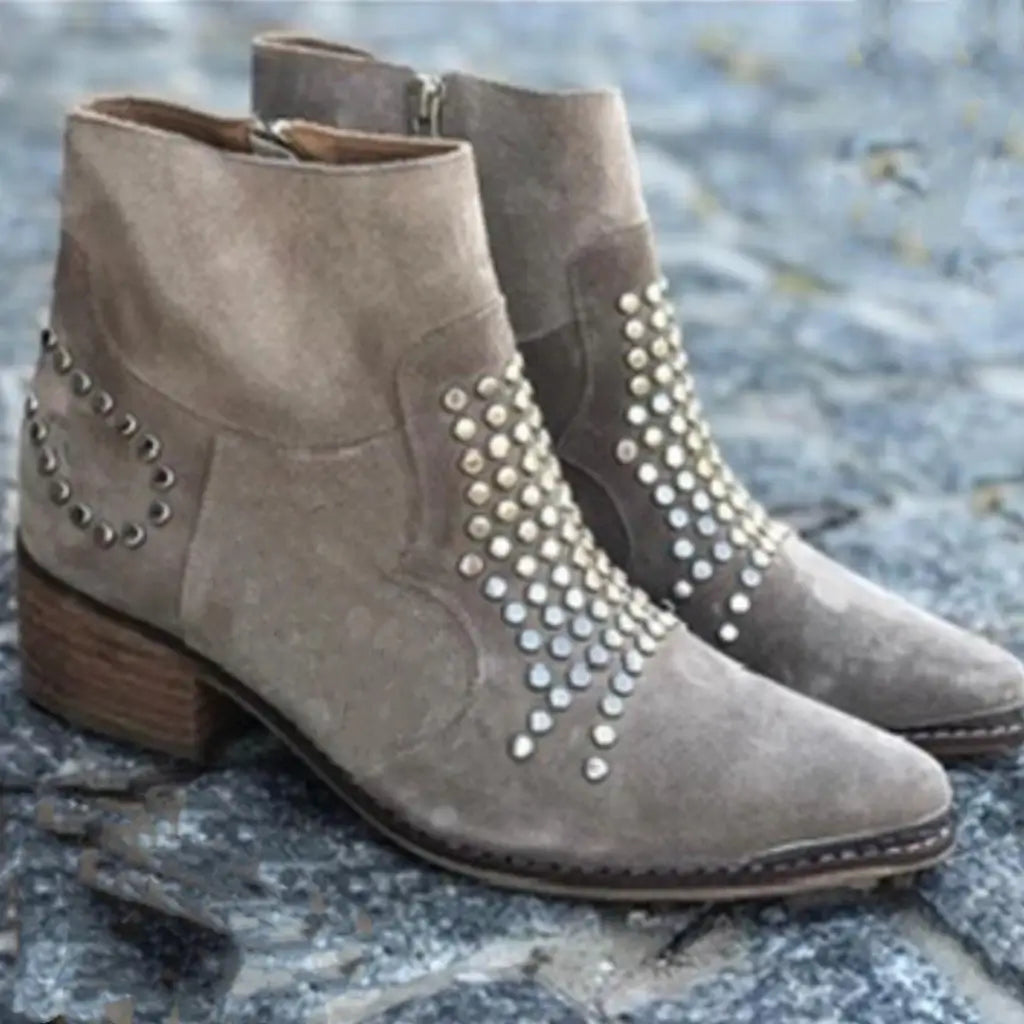 Spitze Damen Stiefeletten Mit Nieten Und Seitlichem Reißverschluss