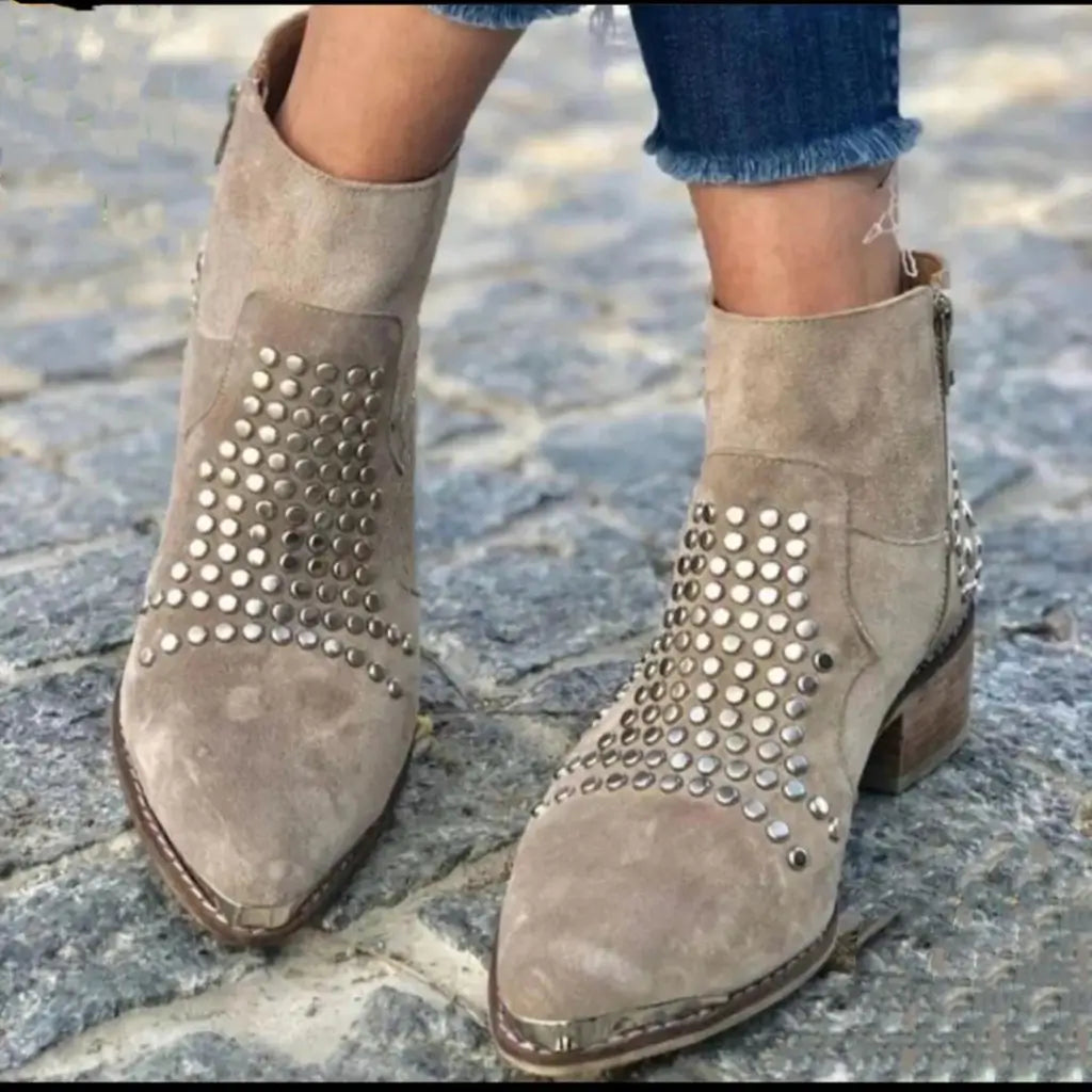 Spitze Damen Stiefeletten Mit Nieten Und Seitlichem Reißverschluss