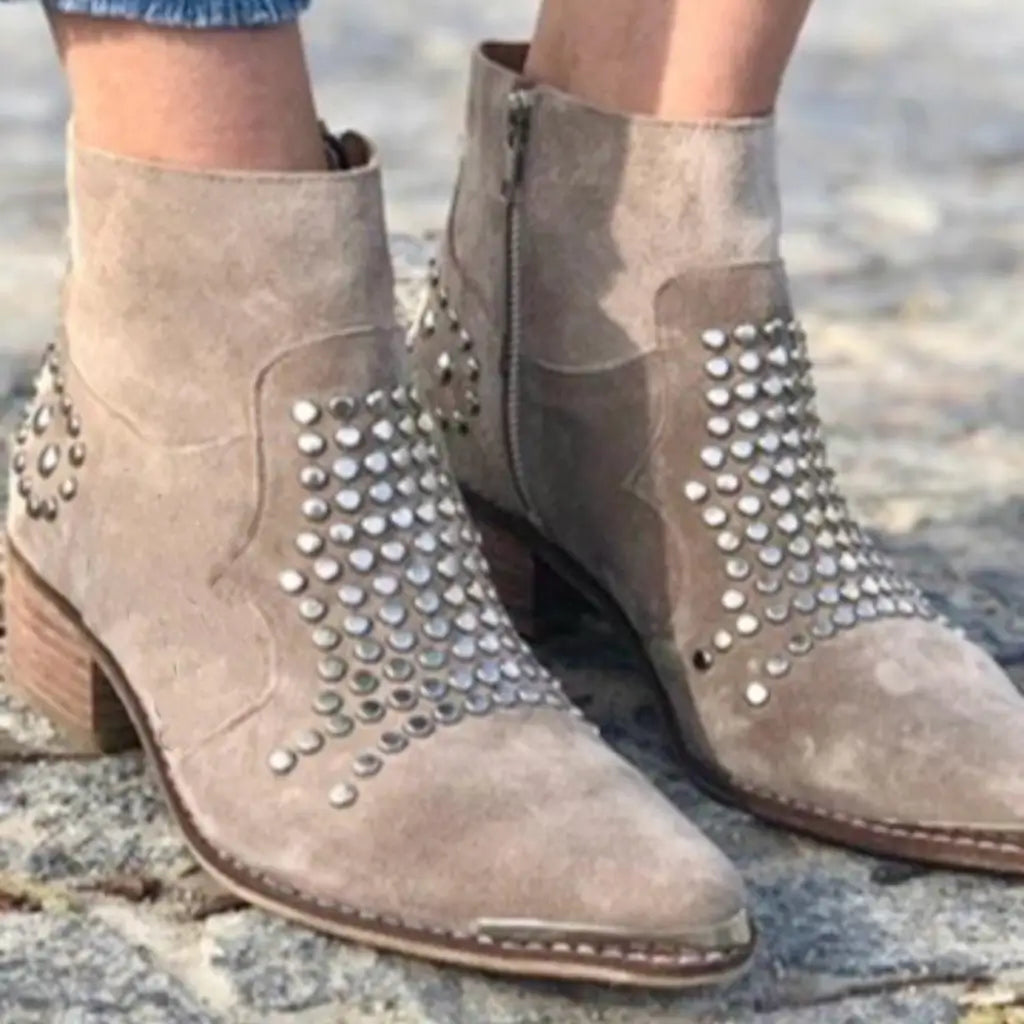 Spitze Damen Stiefeletten Mit Nieten Und Seitlichem Reißverschluss