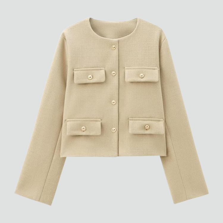 Kragenlose Kurzjacke mit goldfarbenen Knöpfen