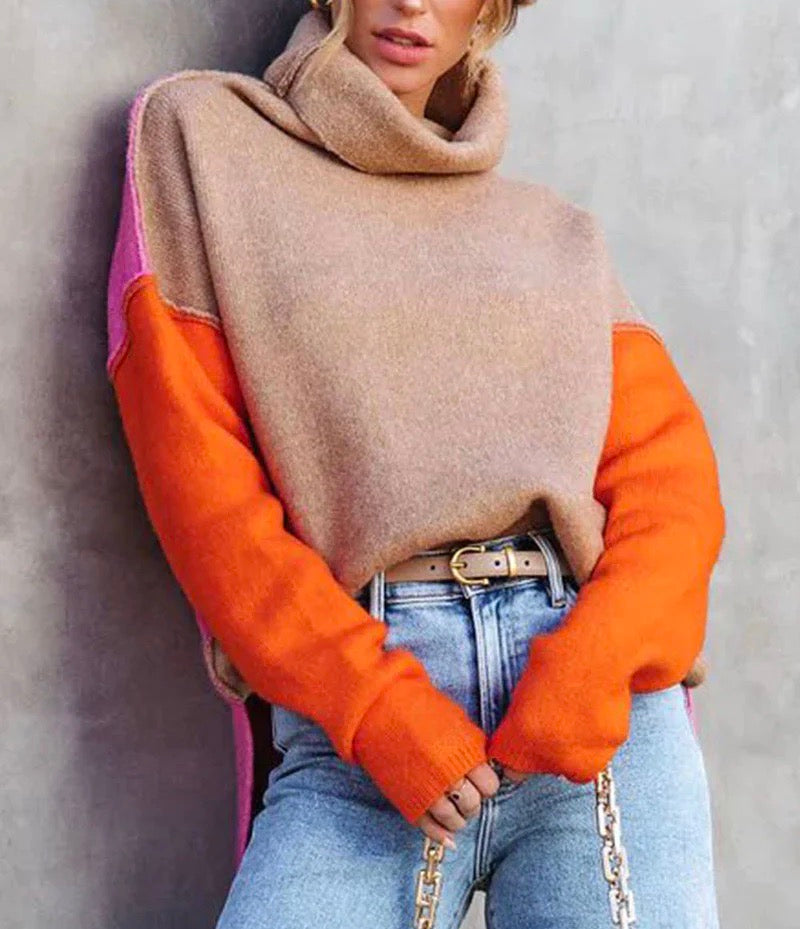 Damen Rollkragenpullover Im Farbblock Design