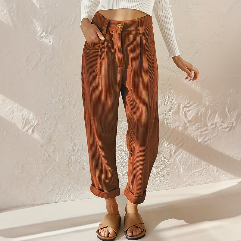 Bequeme Cordhose mit Elastischem Bund und Weitem Bein
