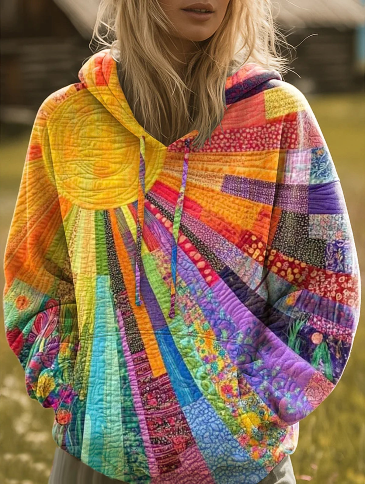 Boho Damen Hoodie Mit Buntem Patchwork Muster