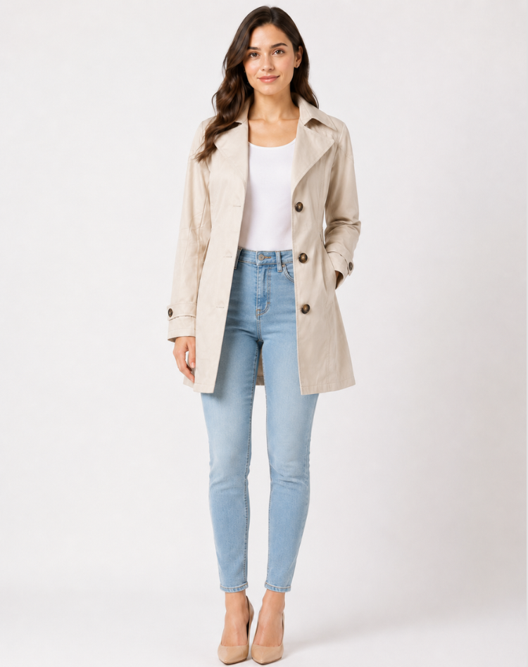 Kurzer Damen Trenchcoat mit Bindegürtel und Reverskragen