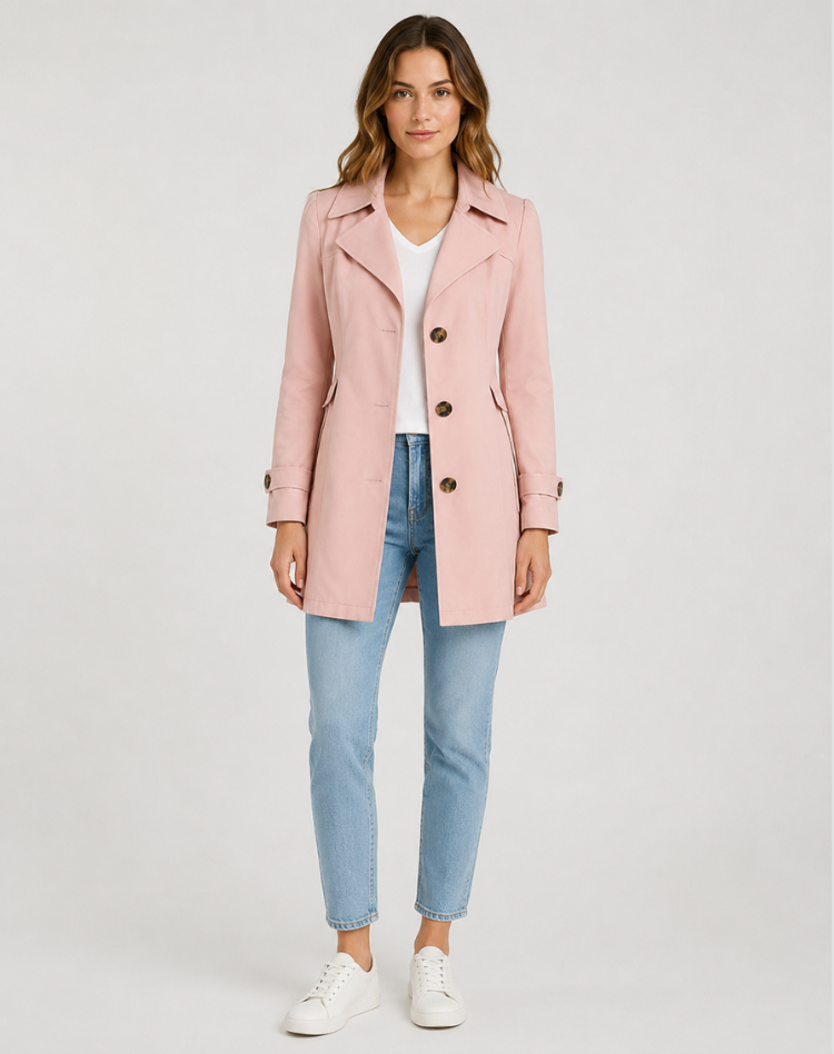 Kurzer Damen Trenchcoat mit Bindegürtel und Reverskragen