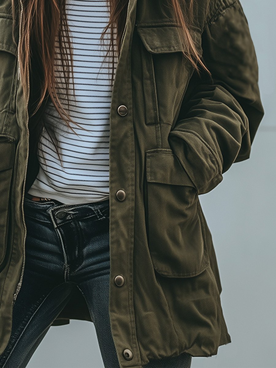 Lockere Damen Utility Jacke mit Aufgesetzten Taschen