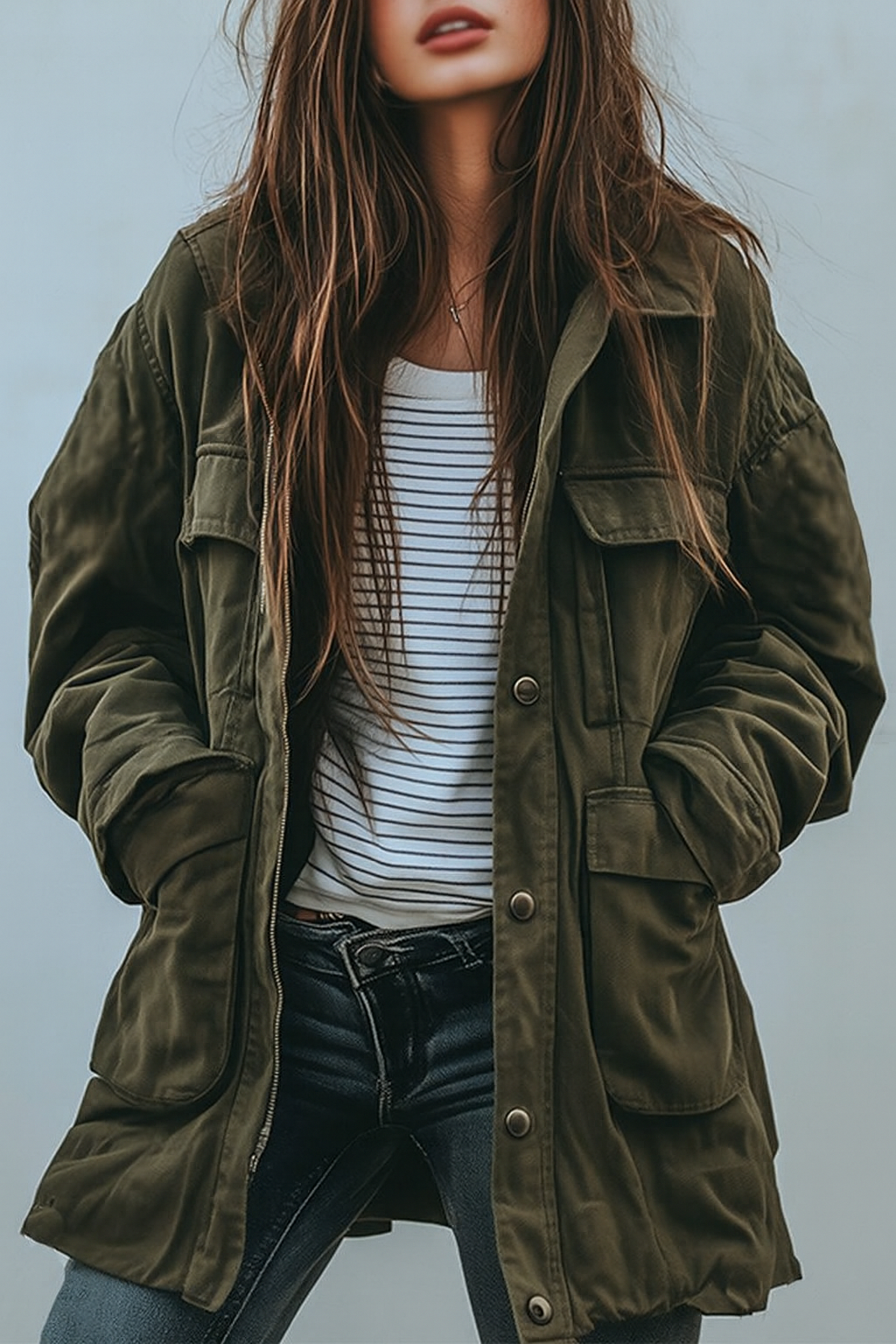 Lockere Damen Utility Jacke mit Aufgesetzten Taschen