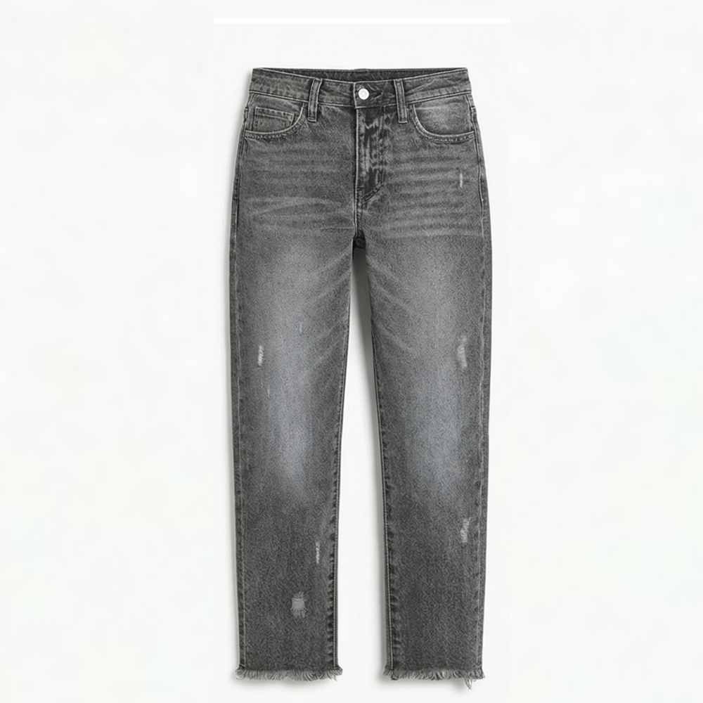Gerade Cropped Jeans mit Fransensaum im Vintage-Look