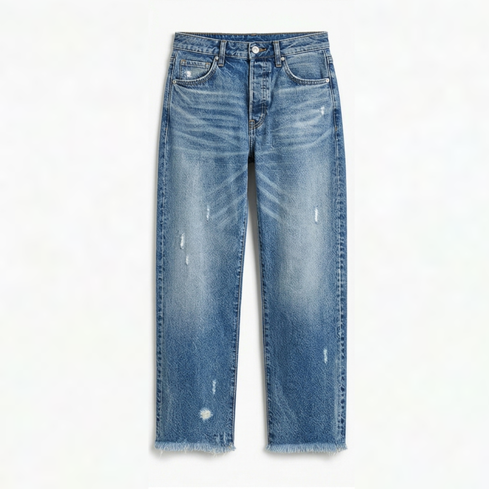 Gerade Cropped Jeans mit Fransensaum im Vintage-Look