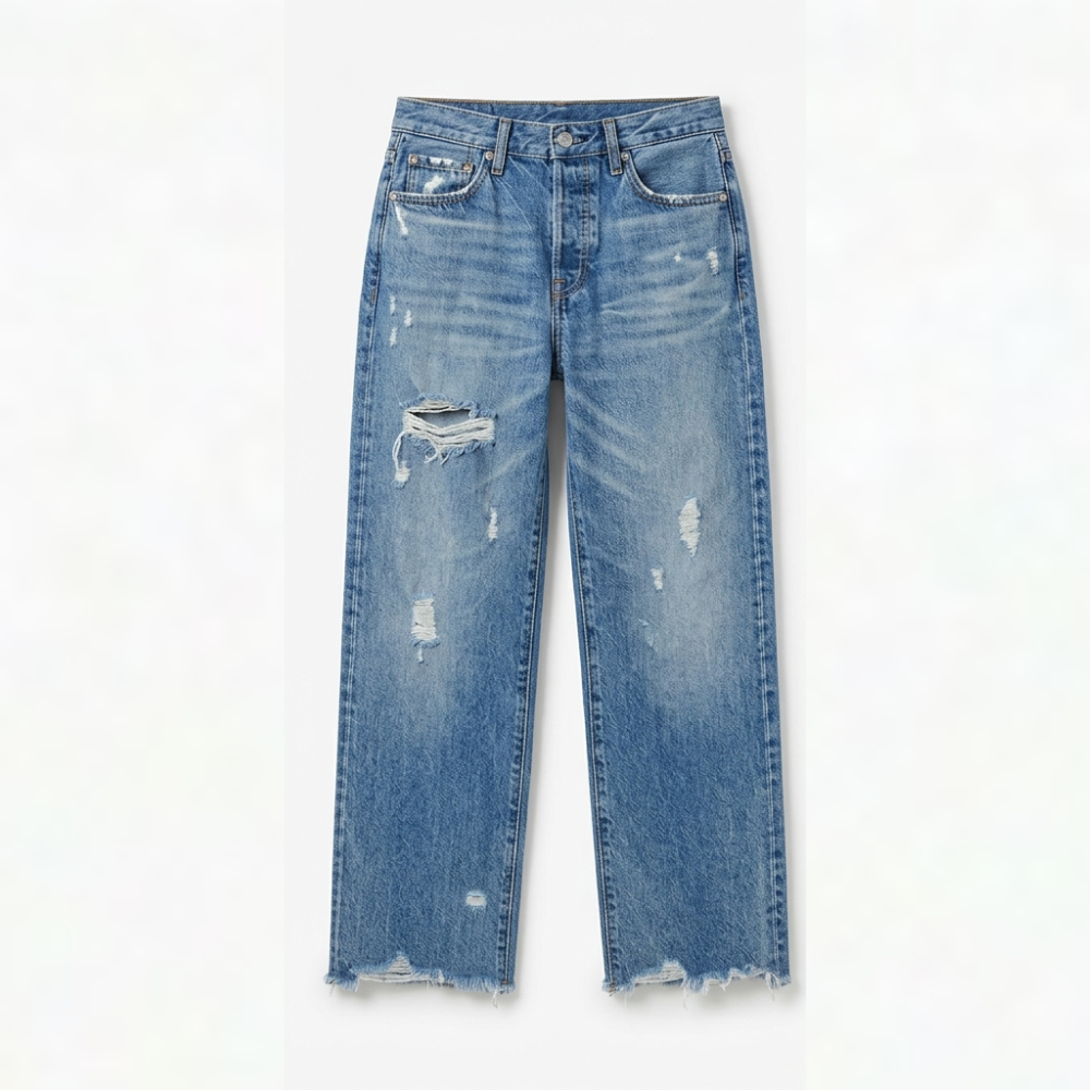 Gerade Cropped Jeans mit Fransensaum im Vintage-Look