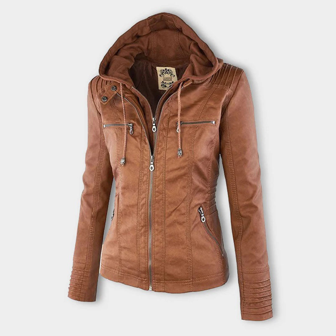 Damen Kunstlederjacke mit Abnehmbarer Kapuze