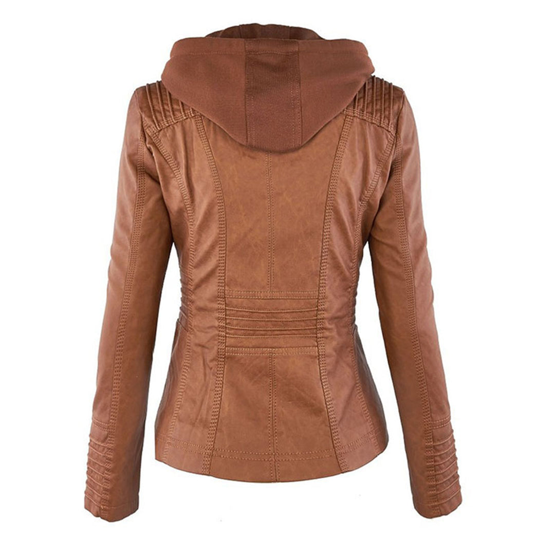 Damen Kunstlederjacke mit Abnehmbarer Kapuze