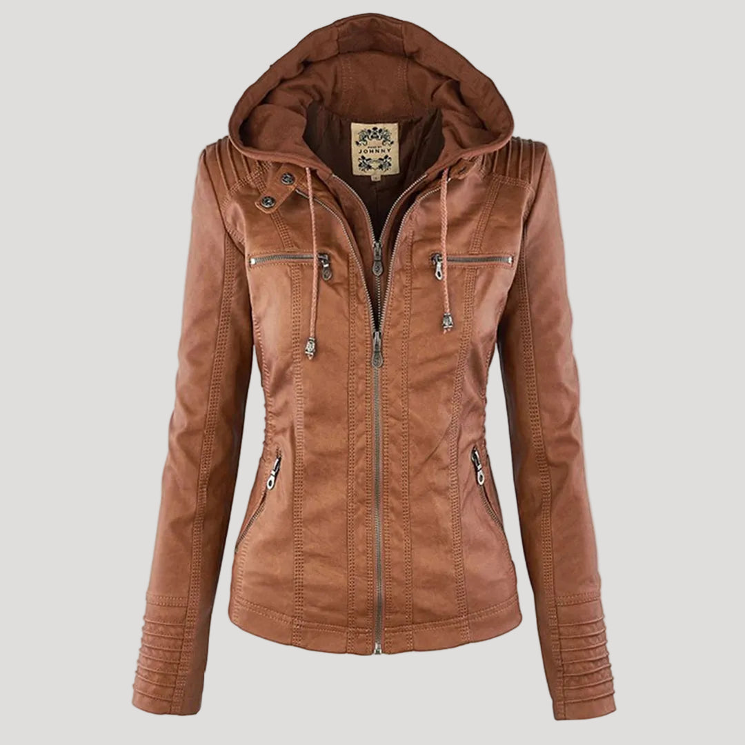 Damen Kunstlederjacke mit Abnehmbarer Kapuze
